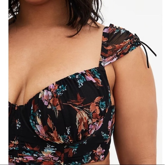 TORRID NWT BLACK FLORAL MESH DRAWSTRING CAP SLEEVE LONGLINE BRALETTE & P… - Picture 5 of 8